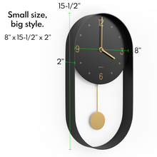 Load image into Gallery viewer, Driini Modern Pendulum Wall Clock - Decorative and Unique Metal Frame, with 8 Inch Face (Black)