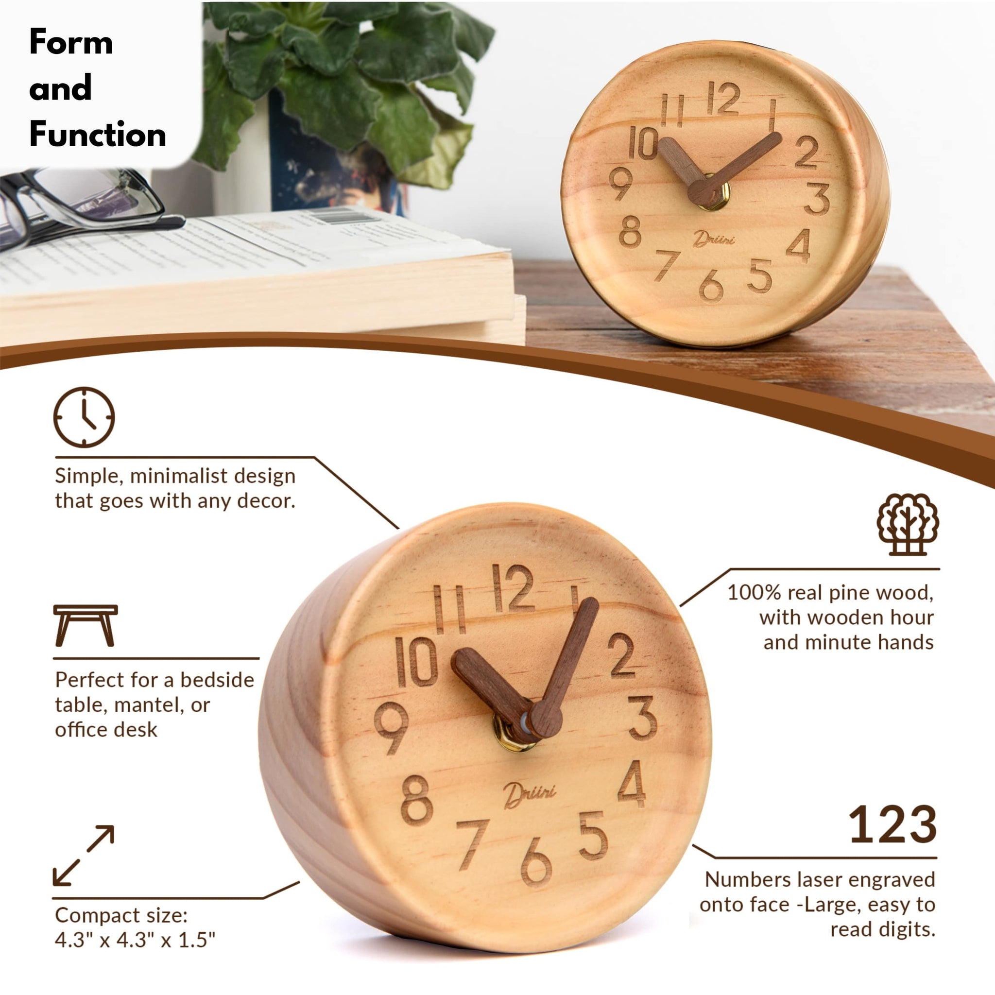 Driini Wooden Desk & Table Analog Clock - Made of Genuine Pine (Light)